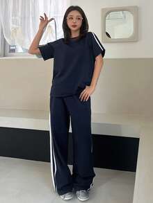 DAZY 女士宽松撞色罗纹圆领T恤和裤子套装（2件套）家居服套装 - 藏蓝色 - 查看 6