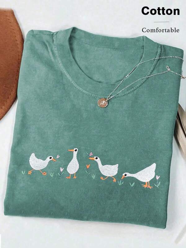 Women's Cotton Duck And Floral Print Short Sleeve T-Shirt