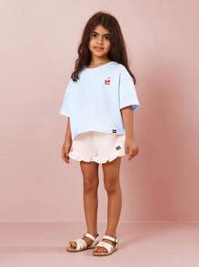 SUMWON Camiseta corta de verano casual de rayas, de manga corta, con bordado de cerezas, para niñas