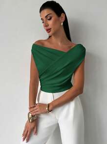 Firerie 女式优雅简约精致别致休闲日通勤音乐节假日不对称领口垂坠白色短款上衣，春夏 - 墨綠色 - 查看 6