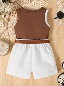 SHEIN Conjunto de verano informal de 2 piezas para niñas bebé: top sin mangas con bloques de color y shorts minimalistas sólidos - Multicolor - Ver 3