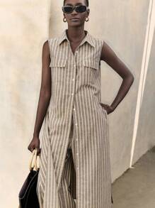 Ontre 2025 年新乡村音乐节，舒适休闲风格，编织条纹，棕色，无袖，贴袋，长衬衫，女式衬衫，日常穿着，四季通用，舒适休闲装，休闲装，商务休闲女式办公室，低调复古风，高品质，城市通勤，高端机场时尚，优质材料 - 棕色 - 查看 11