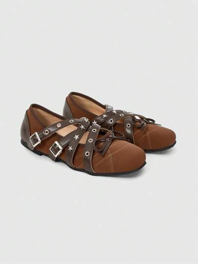 Grunge Punk Zapatos de plataforma estilo gótico y punk para mujer, bailarinas con puntera cerrada, tiras cruzadas, remaches y estilo Y2K