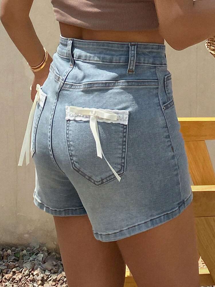 Women's Summer Lace Bow Decor Washed Blue Denim Shorts Jorts