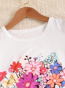 SHEIN Tween Girls Cute Floral Printed Tee & Pleated Pants 2pc Set - Hot Pink - View 3