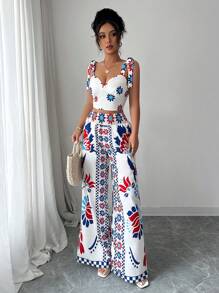 Elenzga Bộ đồ hai mảnh in họa tiết thanh lịch thời trang giản dị ngày lễ lãng mạn tiệc âm nhạc bohemian mùa hè hiện đại áo crop top hai dây và quần ống rộng ống đứng - Màu xanh lam - Xem 4