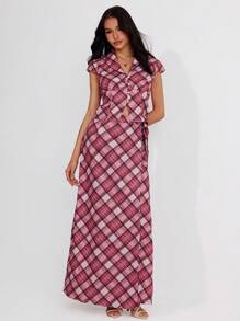 Roylia Women's Elegant School Plaid Pattern Cap Sleeve Collared Short Top And Self-Tie Waist Skirt Set - Pink - View 4