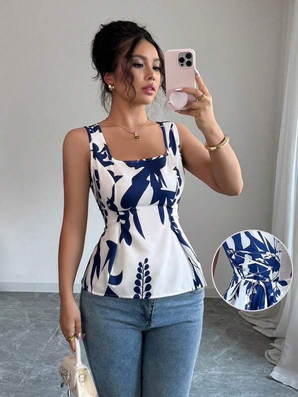 Chiquease Fabric Printed Collarless Ruffle Tie Waist Sleeveless Women Blouse