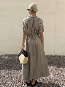 Livesso Women's Solid Color Frill Tie Neck Short Sleeve Midi Dress For Summer - Coffee - View 2