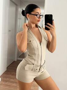 SHEIN ICON Summer Halter Women's Solid Color Zipper Front Sleeveless Jumpsuit Romper - Apricot - View 4