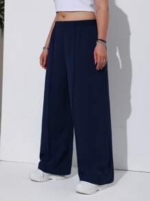 Solflare Loose Elastic Waist Solid Color Pleated Wide Leg Casual Pants For Plus Size Women - Blue - View 10