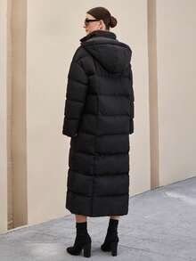 EURMUSE Women Hooded Extra Long Pocket And Zipper Detailed Black Winter Padded Coat Insulated Coat - Black - View 2