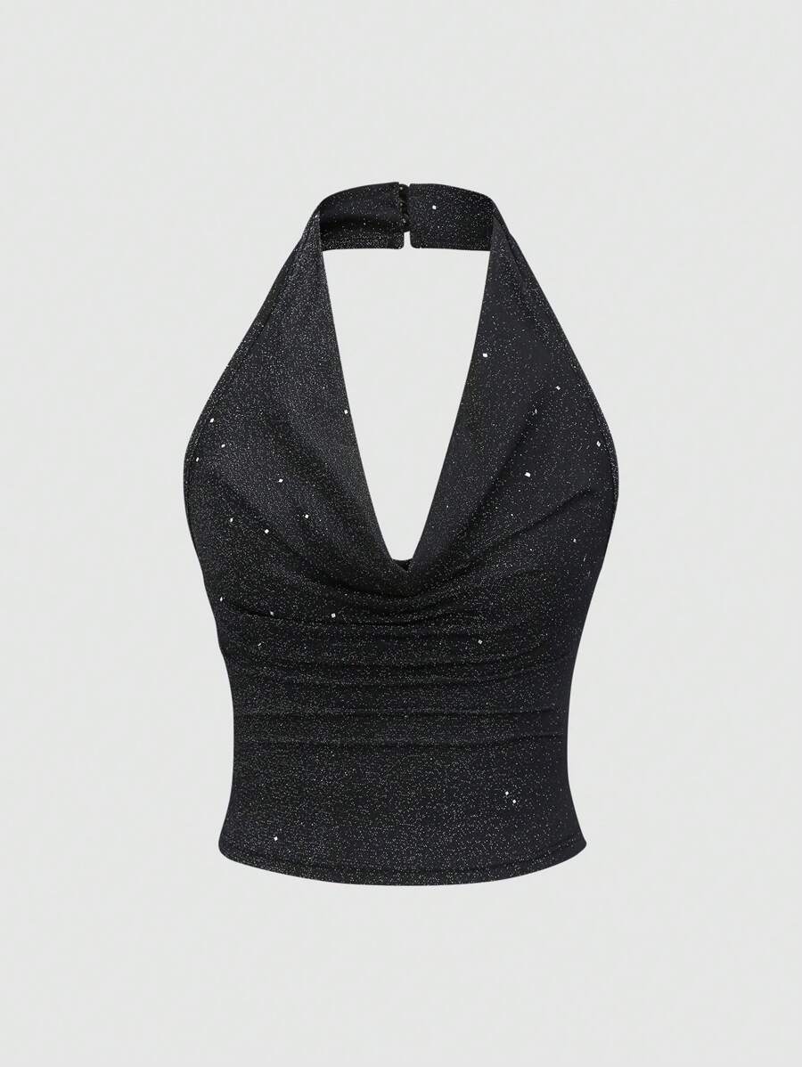 SHEIN PETITE Women Glittery Metallic Knit Halter Neck Cropped Cami Top, Sexy Fitted Bodycon Top For Going Out - Black - View 1