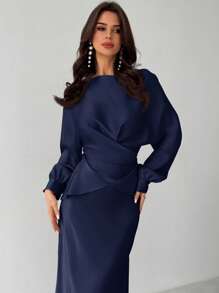 Firerie Women's Elegant Apricot Satin Asymmetric Hem Satin Skirt - Navy Blue - View 5