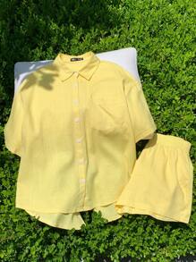 Comfortcana Set de 2 piezas con top corto y shorts en color liso con lazo decorativo y espalda descubierta para mujer - Amarillo - Ver 2