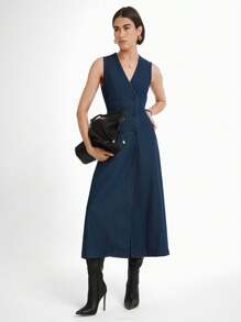 Daynim 女士无袖收腰优雅牛仔连衣裙，通勤装