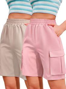 SHEIN PETITE Set de 2 pantalones cortos tipo cargo con bolsillos laterales y cintura elástica delgada para mujer, de uso casual - Multicolor - Ver 1