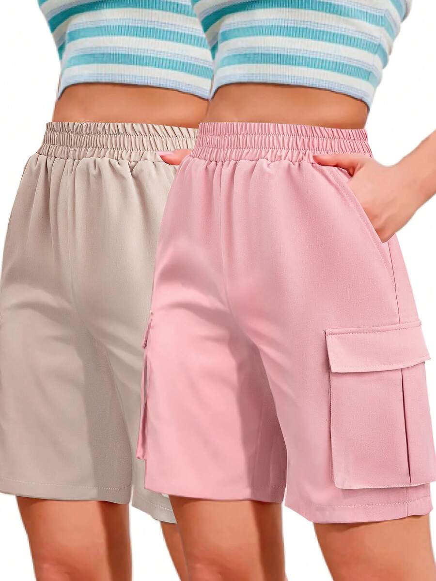 SHEIN PETITE Set de 2 pantalones cortos tipo cargo con bolsillos laterales y cintura elástica delgada para mujer, de uso casual - Multicolor - Ver 1
