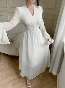 Modelyn Vestido de manga abullonada de unicolor elegante para mujer - Albaricoque - Ver 1