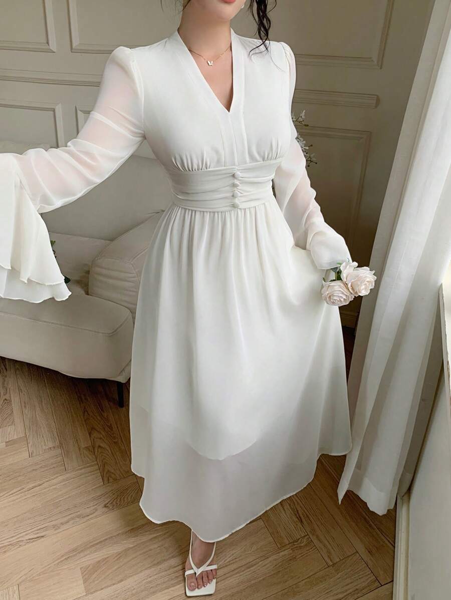 Modelyn Vestido de manga abullonada de unicolor elegante para mujer - Albaricoque - Ver 1