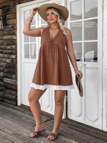 SHEIN LUNE Váy mùa hè đơn giản không tay buộc dây phía trước cỡ lớn cho nữ Váy ngắn mùa hè cho nữ Váy chống nắng cho nữ cỡ lớn Quần áo mùa hè cho nữ Quần áo mùa hè cho nữ Bộ đồ mùa hè cho nữ Trang phục ngày lễ Saint John Trang phục cao bồi Trang phục mùa hè, Váy mùa hè cho nữ - màu nâu - Xem 4
