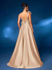 Glamrae Elegante y lujoso vestido largo rosa con escote en V, decoración bordada, abertura alta y dobladillo con vuelo y cola, vestido de noche formal - Albaricoque - Ver 3
