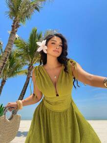 Sunnyshic Plus Size Women Deep V-Neck Sleeveless Green Textured Knit Dress - Green - View 1