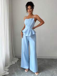 Elenzga Damen Set aus einfarbigem Top mit asymmetrischen Trägern und weiter Hose, 2 Stücke, elegant für den Alltag und Büro - Blau - Übersicht 6