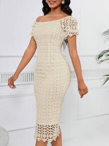 SHEIN Lady Váy ren bó màu trơn thanh lịch cho nữ, mùa hè - Màu be - Xem 6