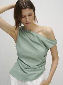 Airaco Damen Sommer Bluse mit asymmetrischem Ausschnitt, plissiert, Einfarbig, Lässig - Grün - Übersicht 6