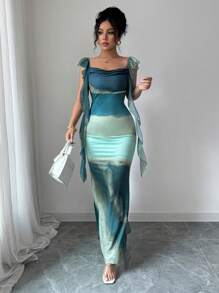 Elenzga 腰部收紧数码印花荷叶边下摆优雅浪漫女式连衣裙 - 彩色 - 查看 6