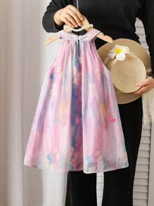 Kleine Mädchenkleid mit Batik-Muster, 3D-Blumendekoration, modischer Neckholder-Ausschnitt