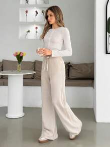 EURMUSE Women Solid Color Cable Knit Pattern Drawstring Detailed Sweater Pants,Burgundy Trousers - Beige - View 4