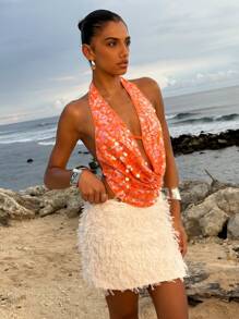 Opulessa 沙滩度假假日派对毕业派对亮片纯色串珠垂褶领女士上衣，性感别致优雅派对上衣，奢华婚礼宾客派对上衣，沙滩上衣，美人鱼风，波西米亚风，伊比沙风，西部风 - 橘色 - 查看 7