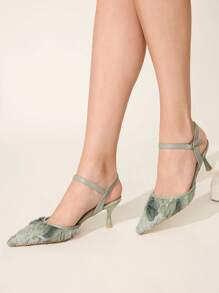 CUCCOO CHICEST 蕾丝网绿色尖头细高跟鞋，女式婚礼派对高跟鞋，露背设计