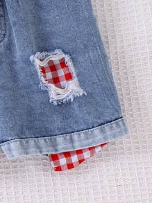 Young GirlRed Plaid Ruffle Trim Top & Denim Patchwork Shorts 2-Piece Set, Chic Casual Outfit For Street, Date, Dinner, Summer - Red - View 5