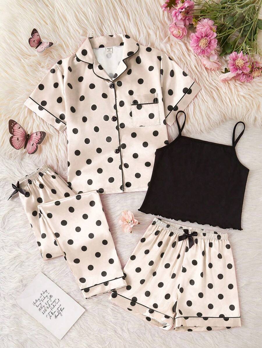 四件套情人节休闲服，适合少女穿着，包括粉色简约黑色波点印花圆领T恤、无袖吊带背心和短裤，舒适居家服。 - 卡其色 - 查看 1