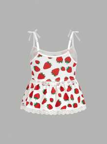 Strawberry Print Lace Trim Cami Top For Big Girls, Cute & Sweet