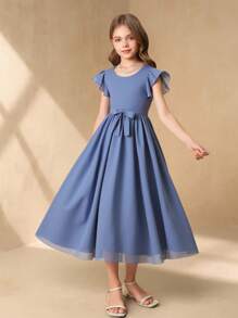 女童圆领短袖荷叶边腰部派对婚礼花童优雅网眼连衣裙 - 藍色 - 查看 1