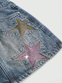 ROMWE Grunge Punk Váy denim thường ngày cho nữ có thiết kế đính đá hình ngôi sao - Màu xanh nhạt - Xem 2