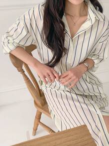 DAZY 女士条纹宽松中长连衣裙衬衫裙，秋季连衣裙长袖连衣裙 - 彩色 - 查看 9