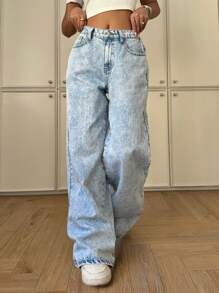 SHEIN Denim Leve Lavado Cintura Baixa Baggy Perna Larga para Adolescentes com Bolsos Decorados com Estampa de Laço Fofo, Roupas de Praia Boho de Verão para Meninas, Casual para Concerto de Verão, Brunch de Verão, Igreja, Formatura - Lavagem clara - Visão 3