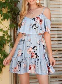 Amorya Floral Print Cold Shoulder Ruffle Hem Spring DressFall/Winter Women Clothes Back To School Modest Vintage Old Money Teacher Outfits For Women Airport Beautiful Clothing For Women Spring Women - Baby Blue - View 5