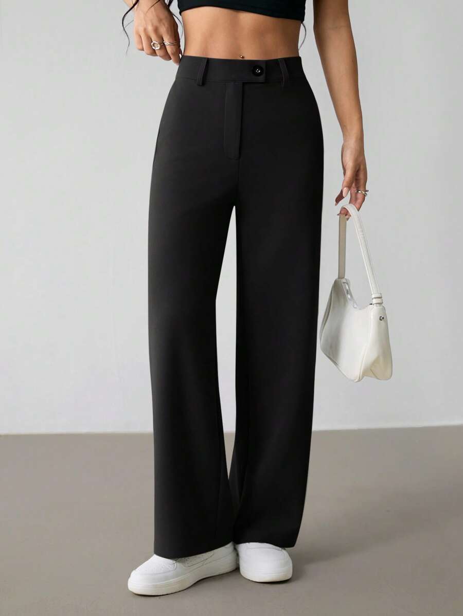 SHEIN PETITE Damen Lässig Minimalistische einfarbige Loose Straight-Leg Hose mit Reißverschluss, für den täglichen Gebrauch