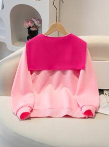 青少年女孩圆领长袖宽松休闲运动衫 - 玫紅色 - 查看 4