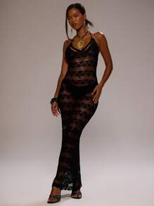 MUSERA Vestido maxi ajustado de crochet con tirantes finos y cuello halter, ideal para primavera, verano, vacaciones, playa, fiesta, elegante, lindo, sexy, estilo bohemio, Ibiza, festival, noche y Navidad - Negro - Ver 5