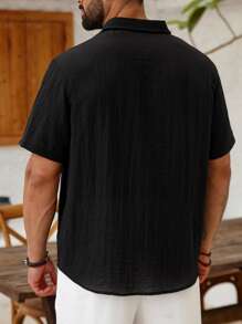 ResortEase 大码男士夏季度假风格撞色蕾丝丝带短袖衬衫男士黑色纽扣衬衫
