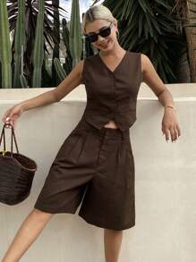 DAZY Bộ đồ 2 mảnh thường ngày dành cho nữ, thiết kế mùa hè mới bằng vải lanh, bộ đồ ngắn cho nữ - Cà phê nâu - Xem 5