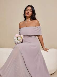 SHEIN Galaire 大码女式优雅奢华派对礼服，露肩，水钻装饰，雪纺褶皱长裙 - 杏色 - 查看 7