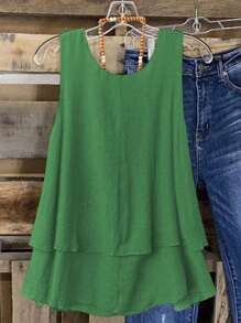 SHEIN LUNE CURVE Plus Size Women Spring/Summer Vacation Dopamine Vintage Style Double Ruffle Trim Camisole - Green - View 2
